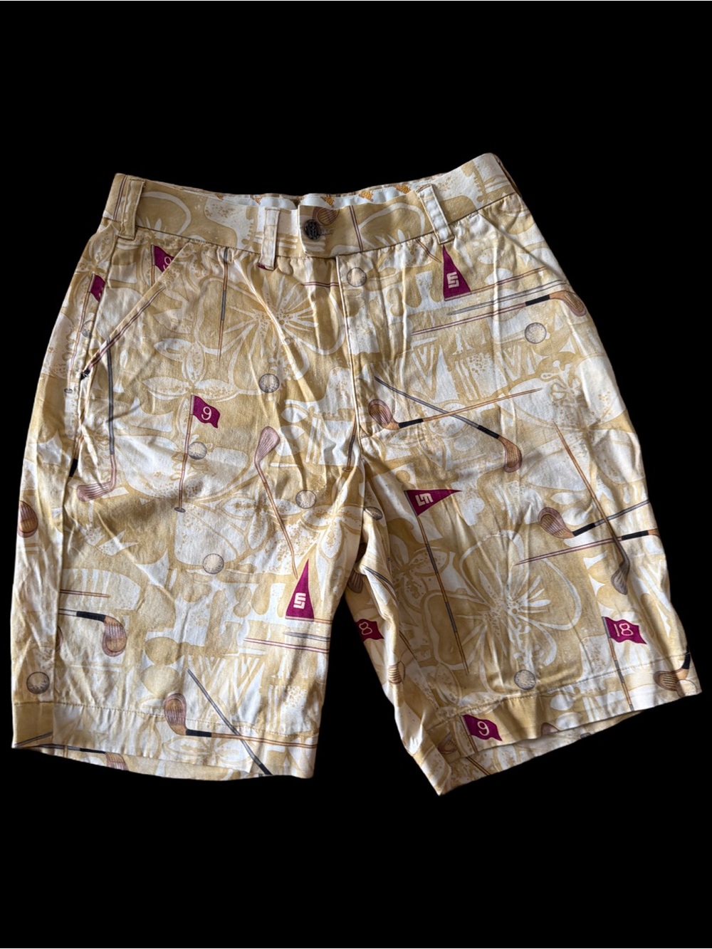 Loudmouth Beige Golf-Flag Print Flat Front Shorts Waist size tag 30” (act 29”)